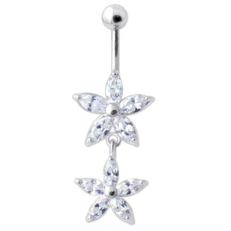 Jeweled Multi Flower Silver Dangling Belly Button Ring - Lavender