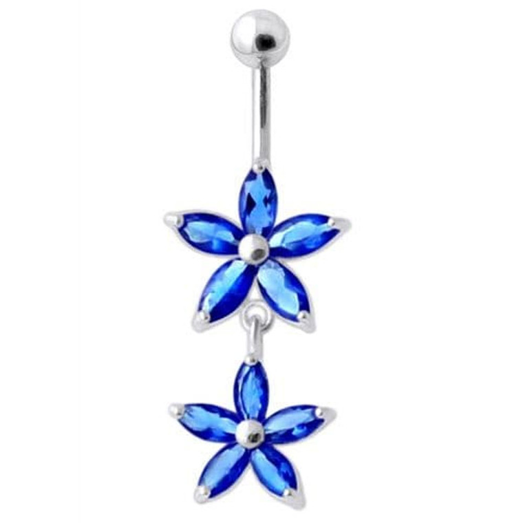 Jeweled Multi Flower Silver Dangling Belly Button Ring - Dark Blue
