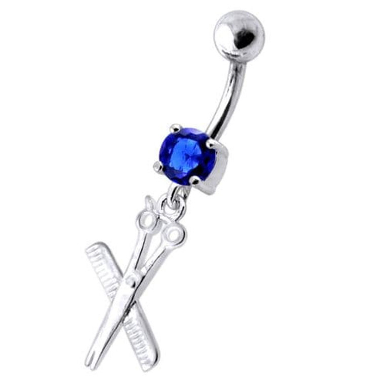 Jeweled Scissor and comb Dangling Belly Ring - Dark Blue