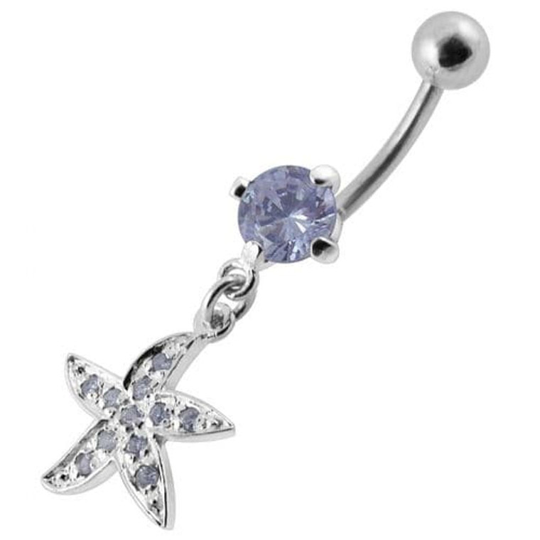 Jeweled Silver Fancy Star Dangling SS Banana Belly Ring  - Lavender
