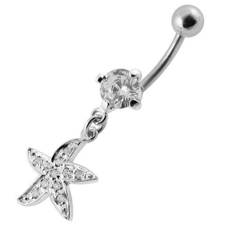 Jeweled Silver Fancy Star Dangling SS Banana Belly Ring  - Clear