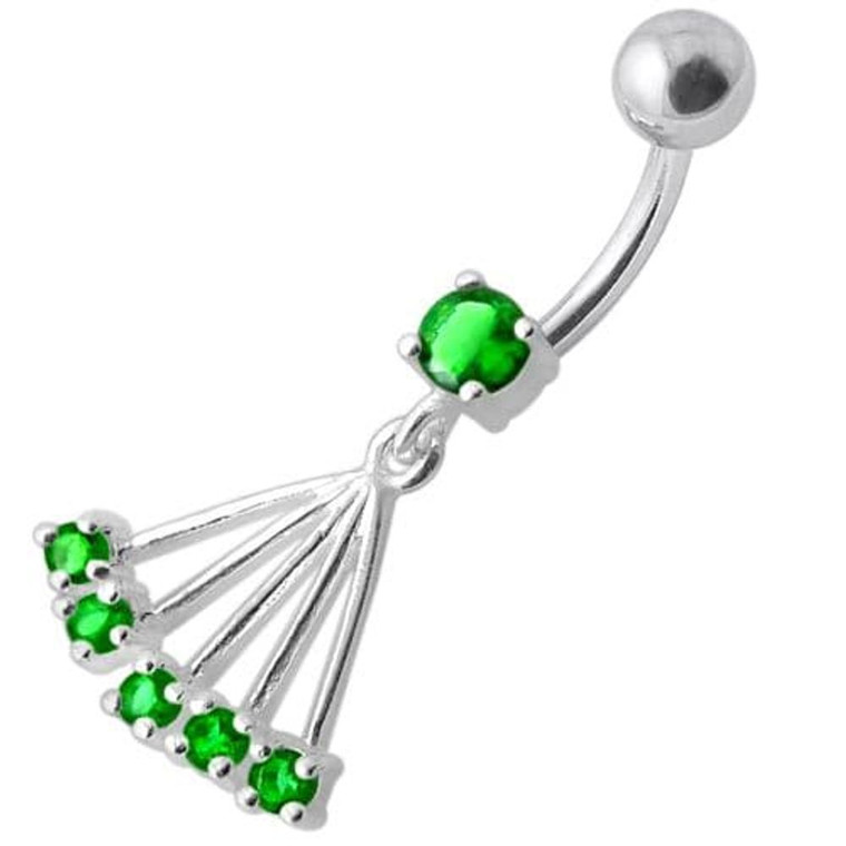 Navel Ring with Big Long Dangling Jeweled Chains With SS Curved Bar - Emerald