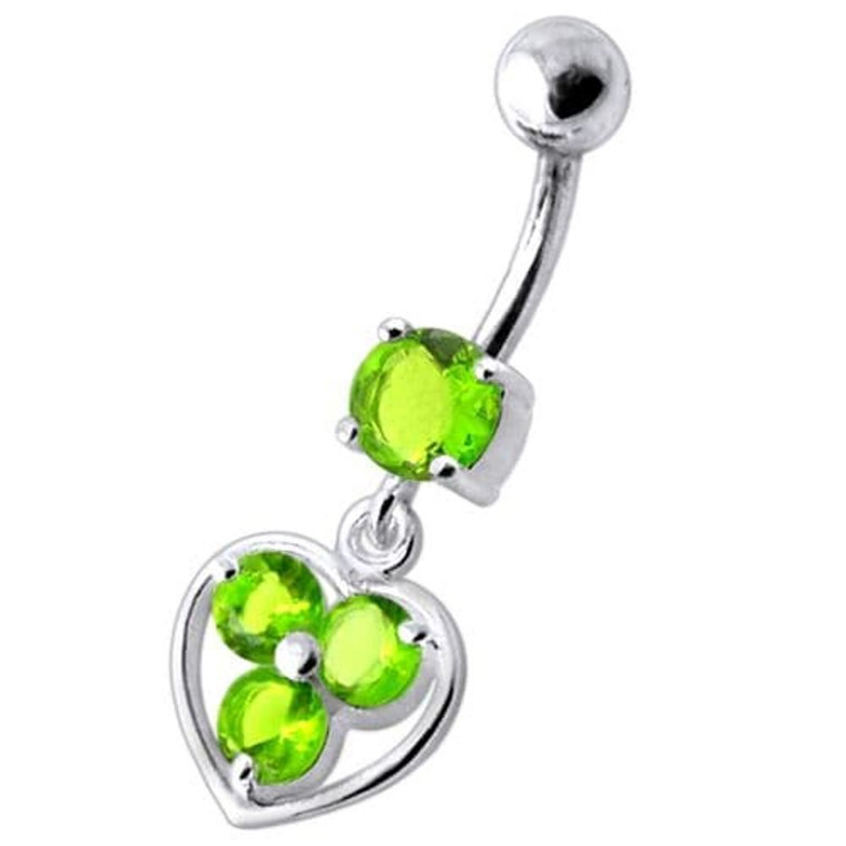 Jeweled Silver Heart Dangling SS Curved Bar Banana Belly Ring - Peridot
