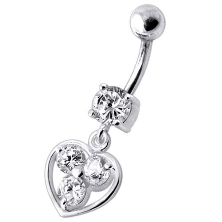 Jeweled Silver Heart Dangling SS Curved Bar Banana Belly Ring - Clear