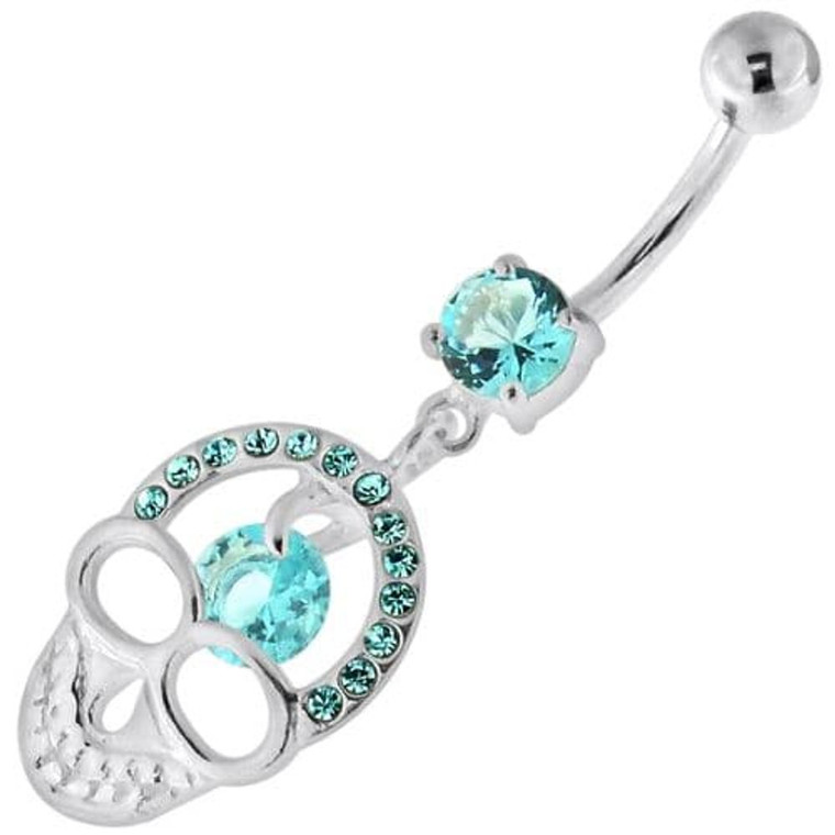 Jeweled Skull with center Stone Navel Belly Piercing - Aqua