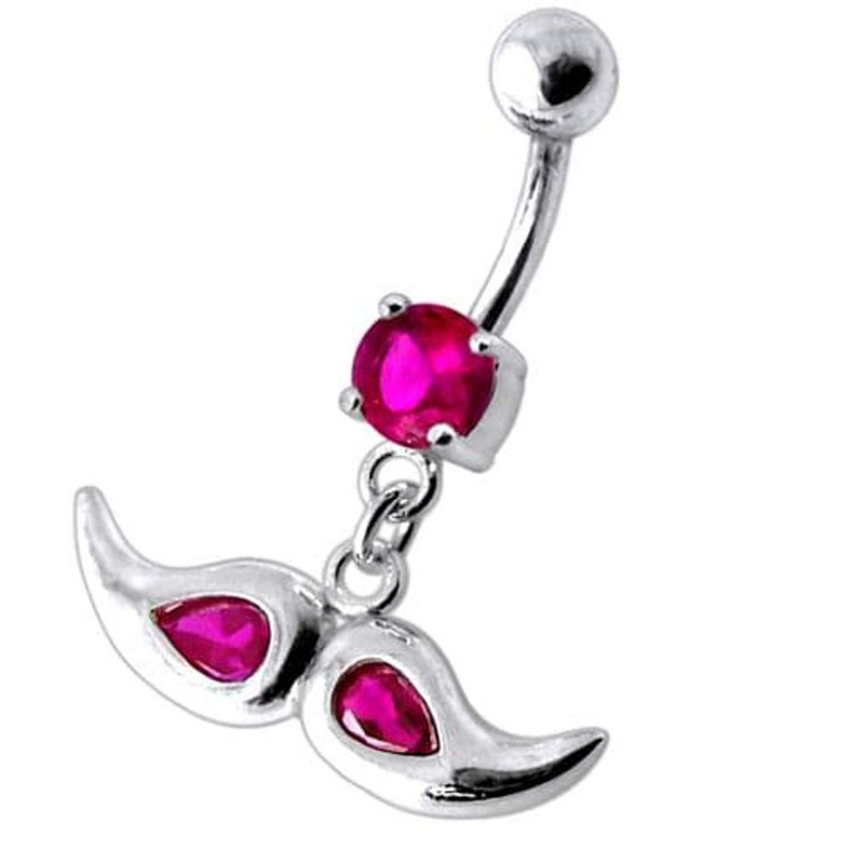Jeweled mustache Dangling Belly Ring - Red