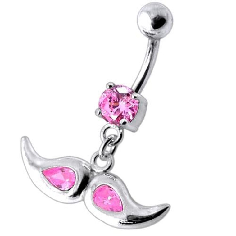 Jeweled mustache Dangling Belly Ring - Pink