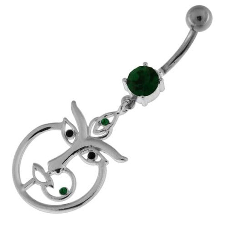 Nose and Lip Pierced women Silver Belly Button Ring - Emerald