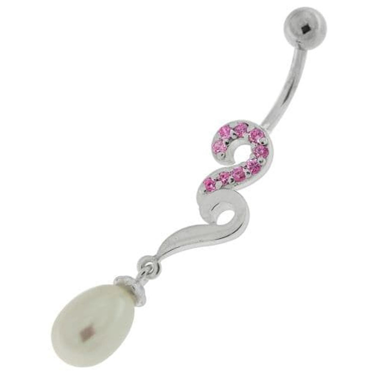 Pearl Jeweled Fancy Silver Dangling Banana Bar Navel Belly Ring - Pink