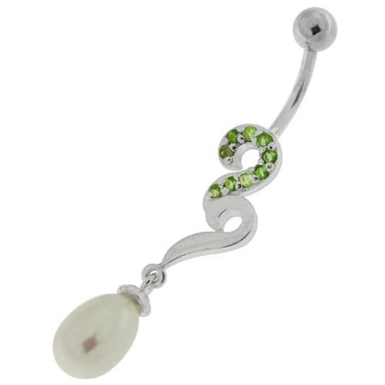 Pearl Jeweled Fancy Silver Dangling Banana Bar Navel Belly Ring - Peridot