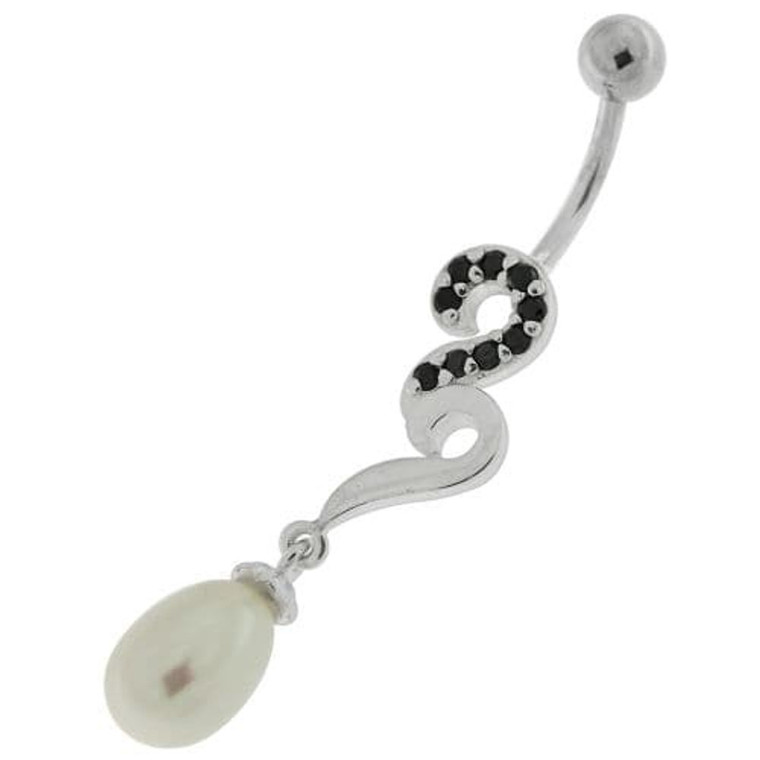 Pearl Jeweled Fancy Silver Dangling Banana Bar Navel Belly Ring - Black