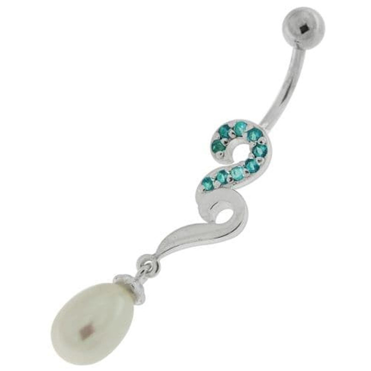 Pearl Jeweled Fancy Silver Dangling Banana Bar Navel Belly Ring - Aqua