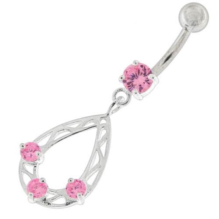 Oval Shape with Triple Stone Jeweled Belly Ring - Pink