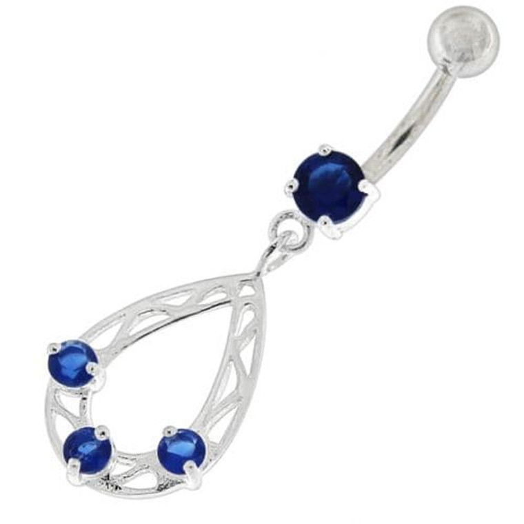 Oval Shape with Triple Stone Jeweled Belly Ring - Dark Blue