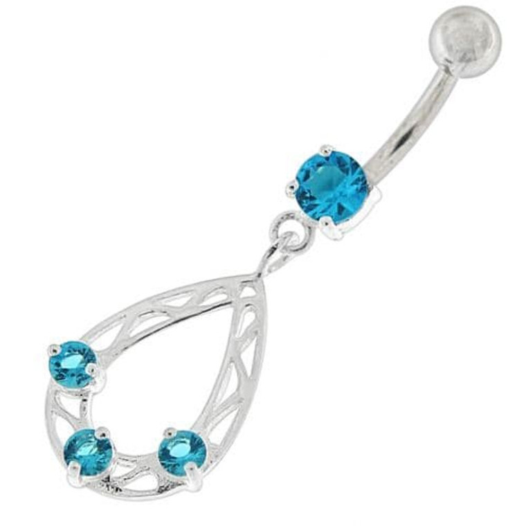 Oval Shape with Triple Stone Jeweled Belly Ring - Aqua
