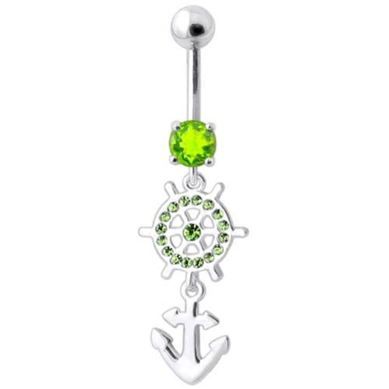 Ship Helm with Anchor Navel Belly Ring - Peridot
