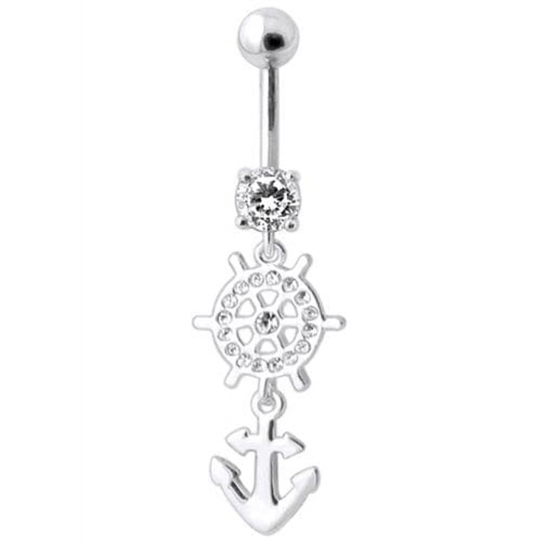 Ship Helm with Anchor Navel Belly Ring - Clear