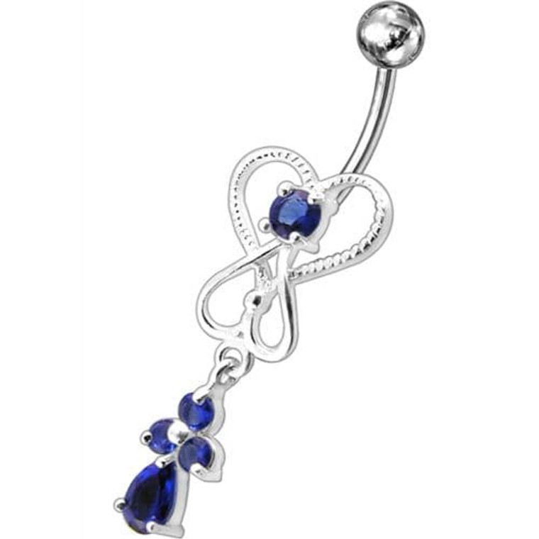 Silver Dangling Banana Bar Navel Ring - Dark blue