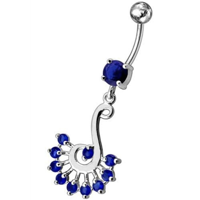 Silver Dream Catcher with Jeweled Feathers Fancy Navel Banana Bar Ring - Dark blue