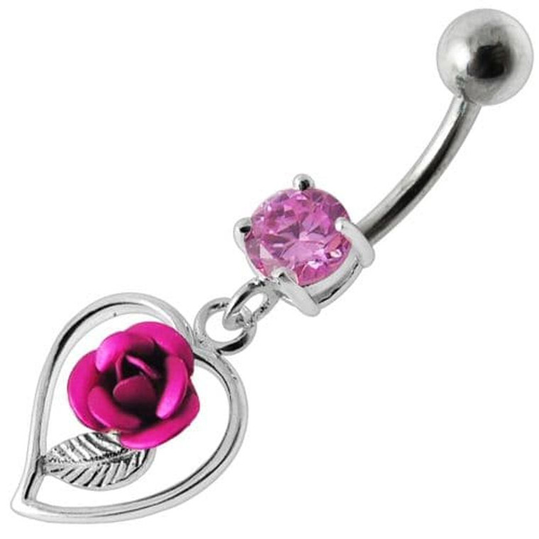 Rose in Heart Jeweled Dangling Belly Ring - Pink