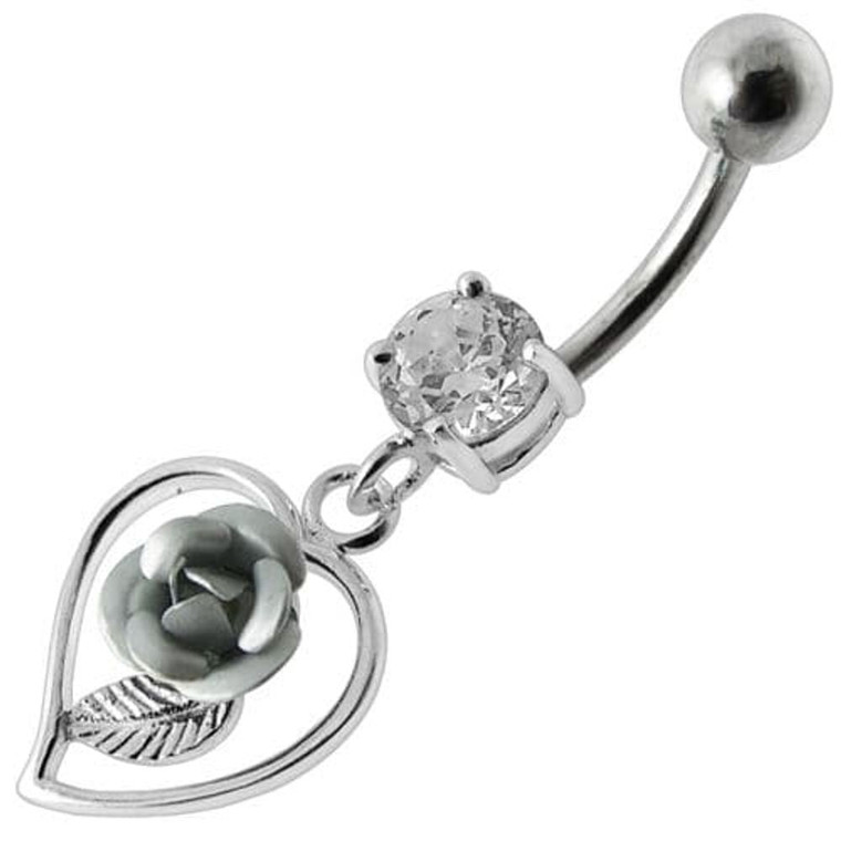 Rose in Heart Jeweled Dangling Belly Ring - Clear