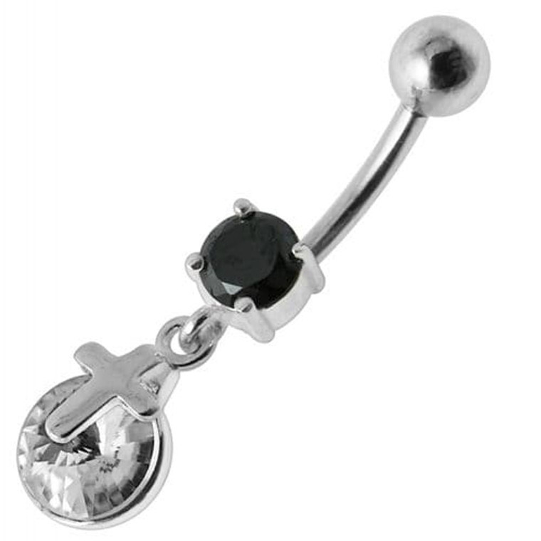 Silver Fancy  CROSS Dangling Belly Ring - Black
