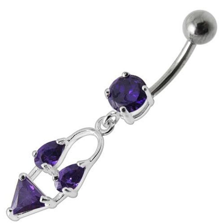 Silver Fancy Double Stone Jeweled Dangling Navel Ring - Purple
