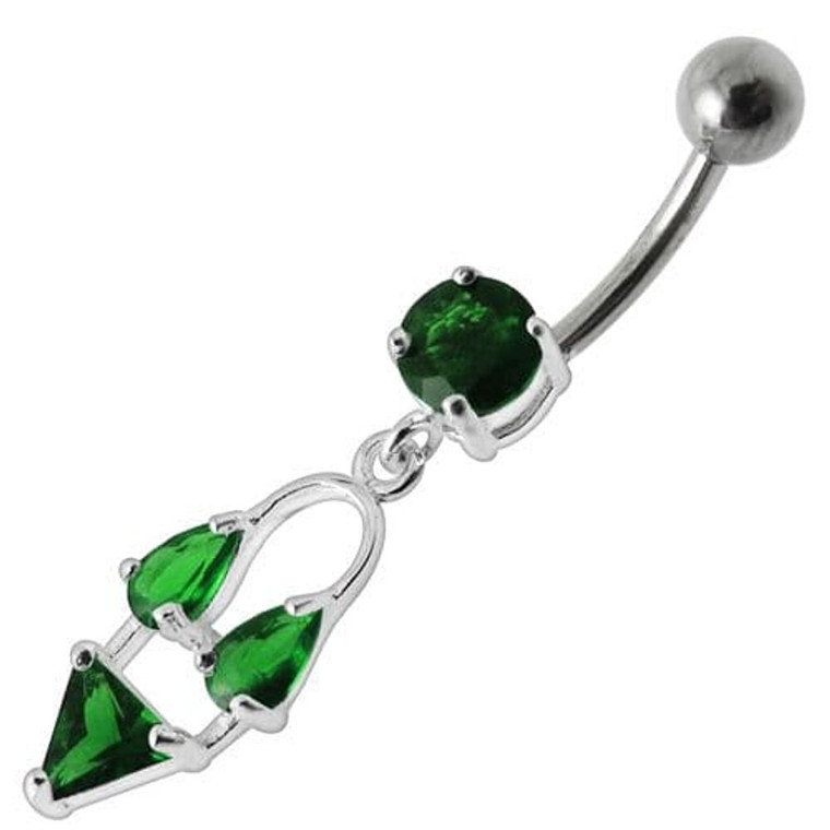 Silver Fancy Double Stone Jeweled Dangling Navel Ring - Emerald