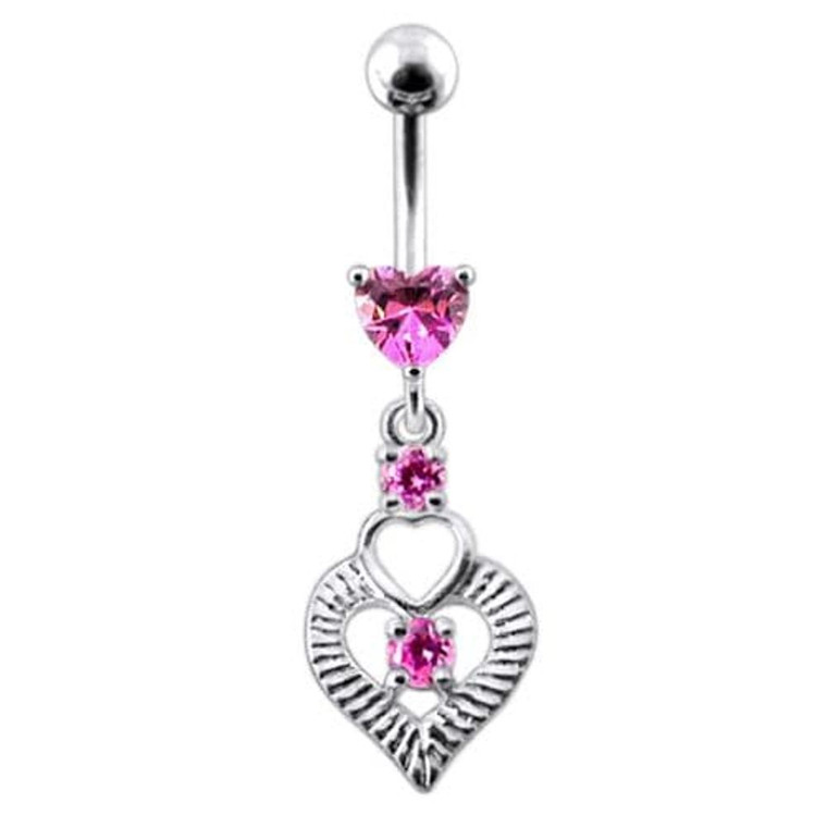 Silver Fancy Heart Jeweled Heart Dangling Banana Belly Ring - Pink