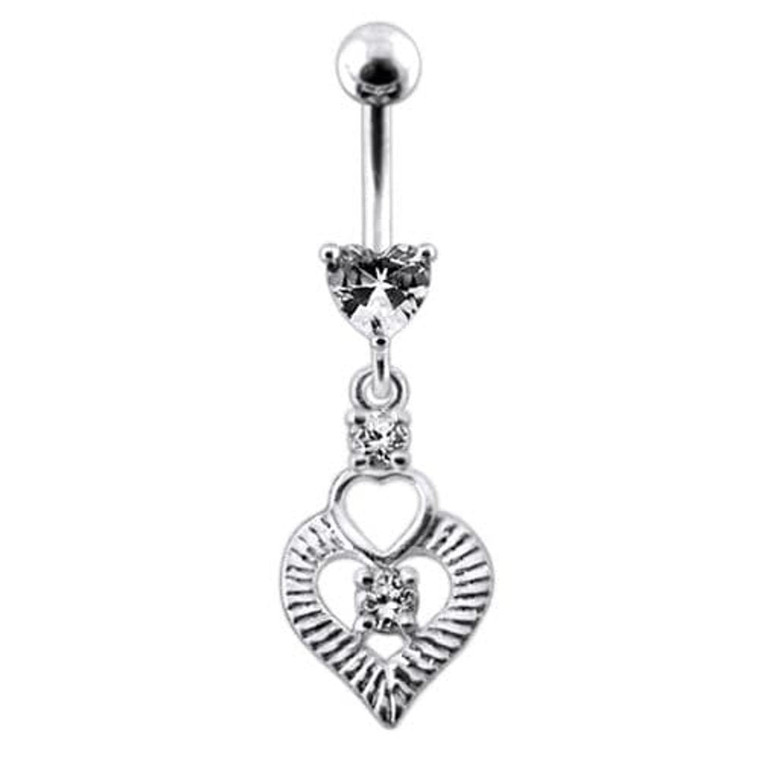 Silver Fancy Heart Jeweled Heart Dangling Banana Belly Ring - Clear