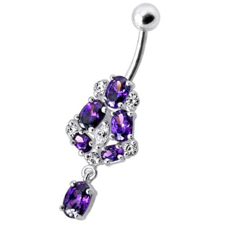 Silver Fancy Jeweled Dangling Navel Ring Body Jewelry - Purple