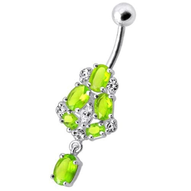 Silver Fancy Jeweled Dangling Navel Ring Body Jewelry - Peridot