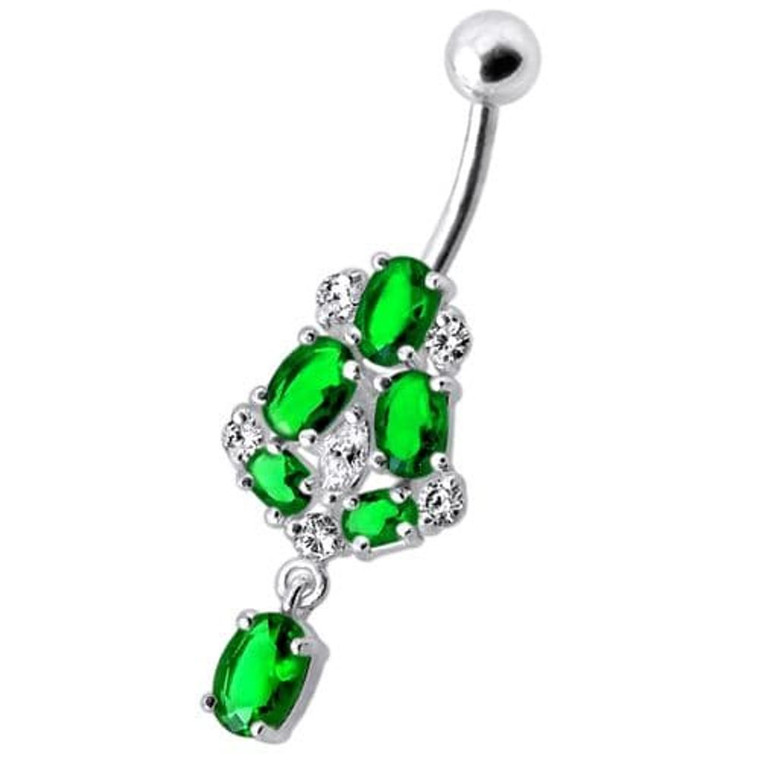 Silver Fancy Jeweled Dangling Navel Ring Body Jewelry - Emerald
