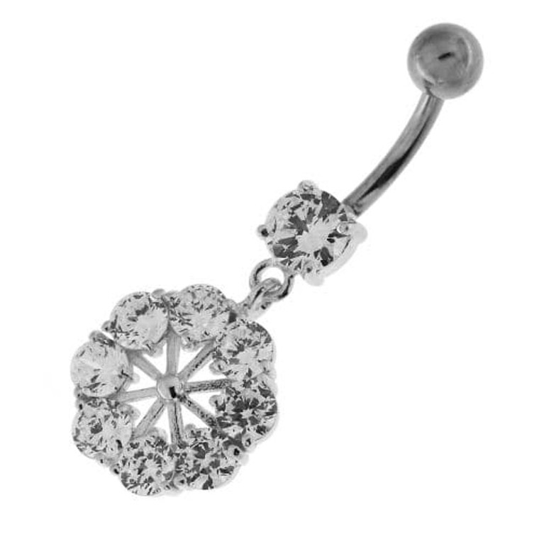 Round Jeweled Flower Sterling Silver Navel Ring - Clear