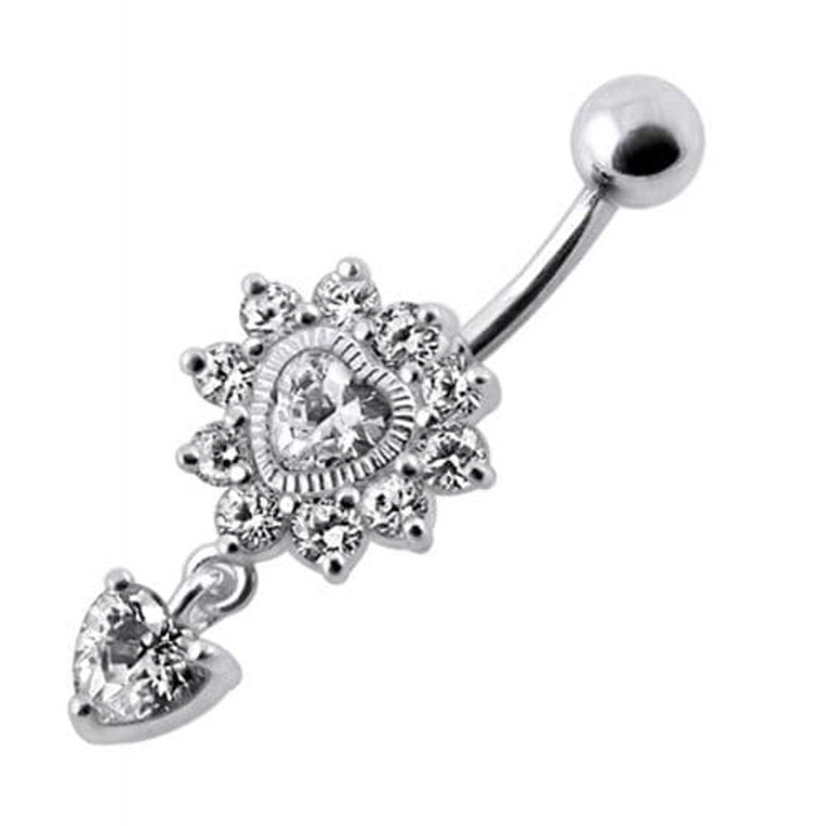 Royal Heart Stone Jeweled Dangling Navel Belly Ring - Clear