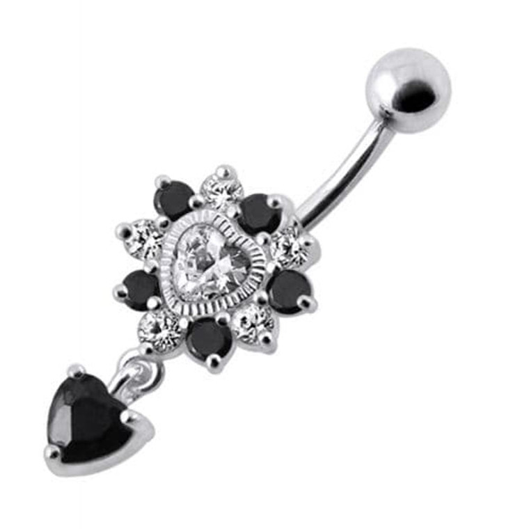 Royal Heart Stone Jeweled Dangling Navel Belly Ring - black