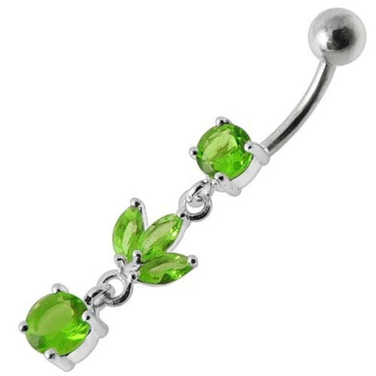 Silver Fancy Leaf Design Dangling Belly Ring - Peridot