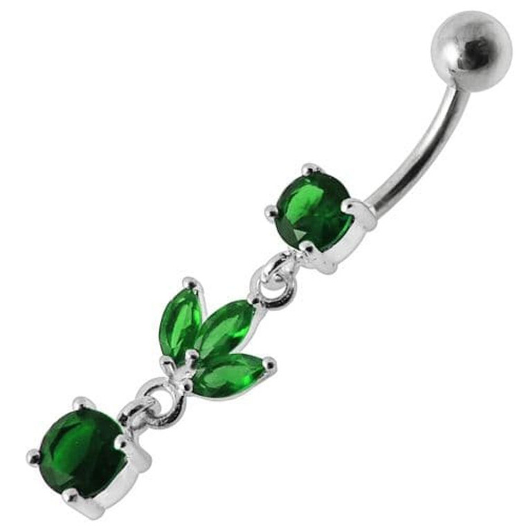 Silver Fancy Leaf Design Dangling Belly Ring - Emerald