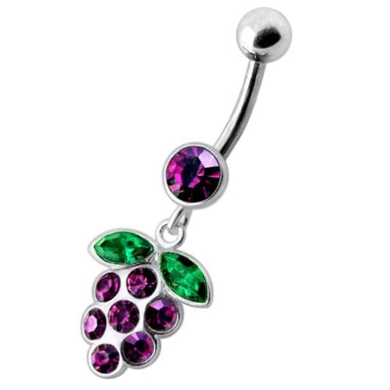 Silver Fancy Jeweled Grape Dangling Curved Belly Ring - Purple