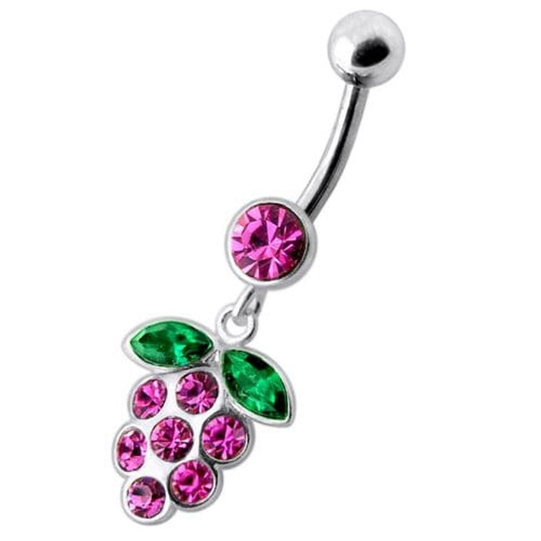 Silver Fancy Jeweled Grape Dangling Curved Belly Ring - Pink