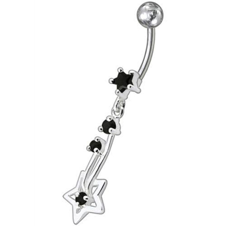Silver Fancy Star Jeweled Dangling With SS Bar Navel Ring - black