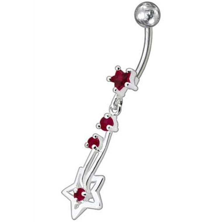 Silver Fancy Star Jeweled Dangling With SS Bar Navel Ring - Red