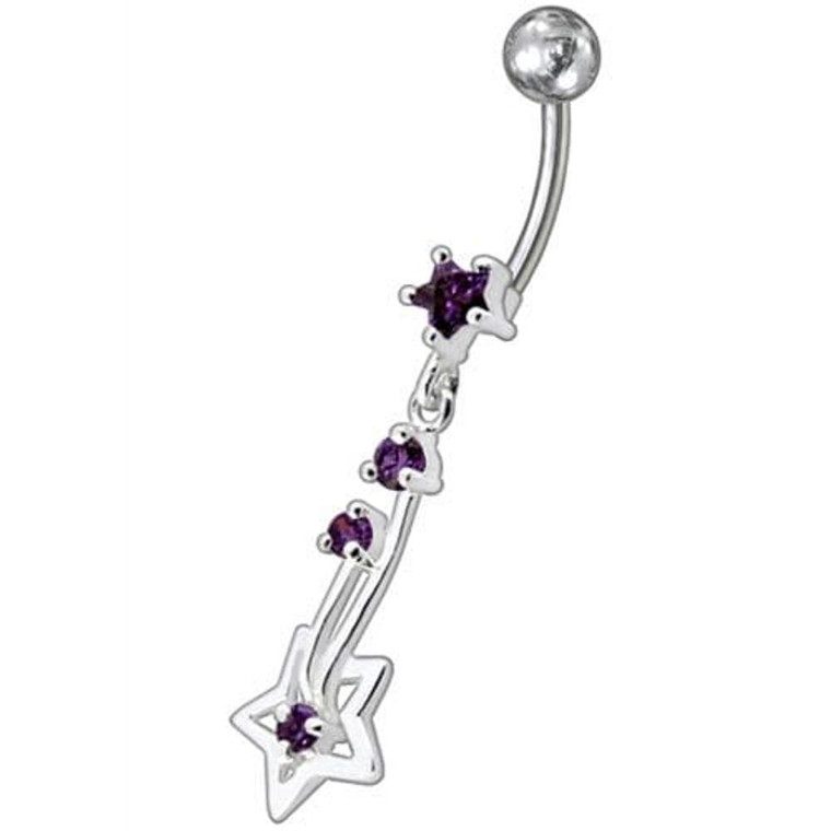 Silver Fancy Star Jeweled Dangling With SS Bar Navel Ring - Purple