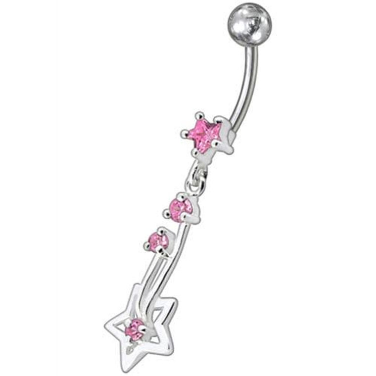 Silver Fancy Star Jeweled Dangling With SS Bar Navel Ring - Pink