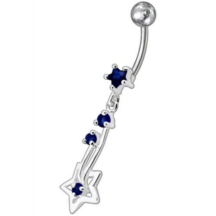 Silver Fancy Star Jeweled Dangling With SS Bar Navel Ring - Dark Blue