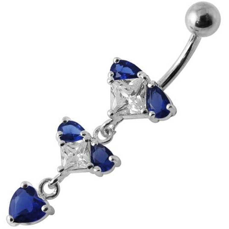 Silver Fancy Studded Jeweled Dangling Belly Ring - Dark Blue