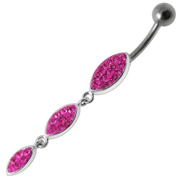 Silver Fancy Stones Jeweled Dangling  SS Bar Navel Ring - Pink