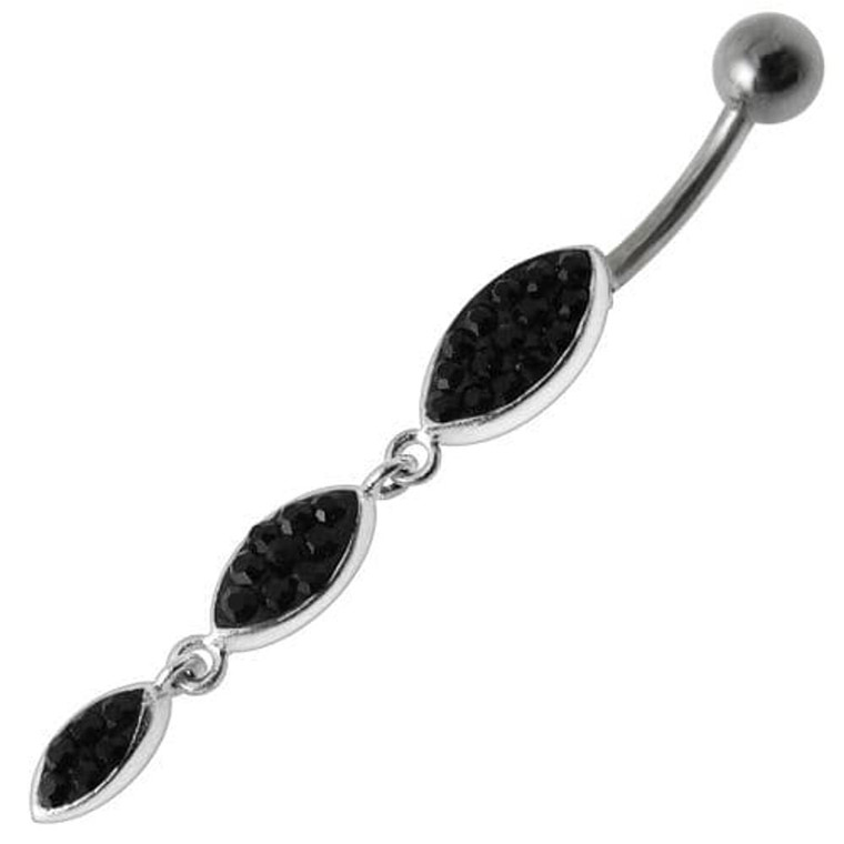 Silver Fancy Stones Jeweled Dangling  SS Bar Navel Ring - Black