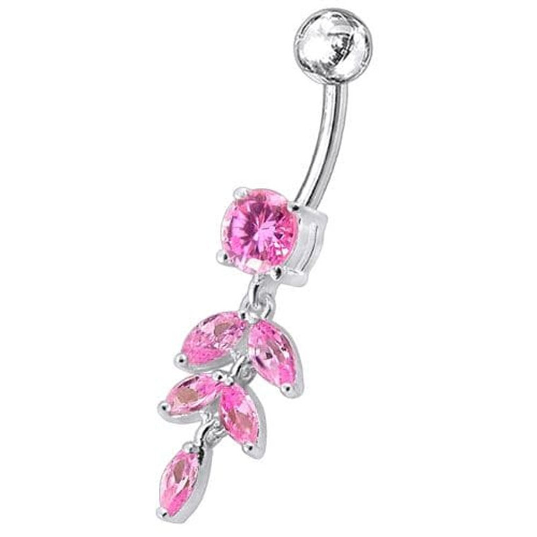 Silver Fancy White CZ Jeweled Dangling SS Banana Bar Navel Ring Body Jewelry - Pink