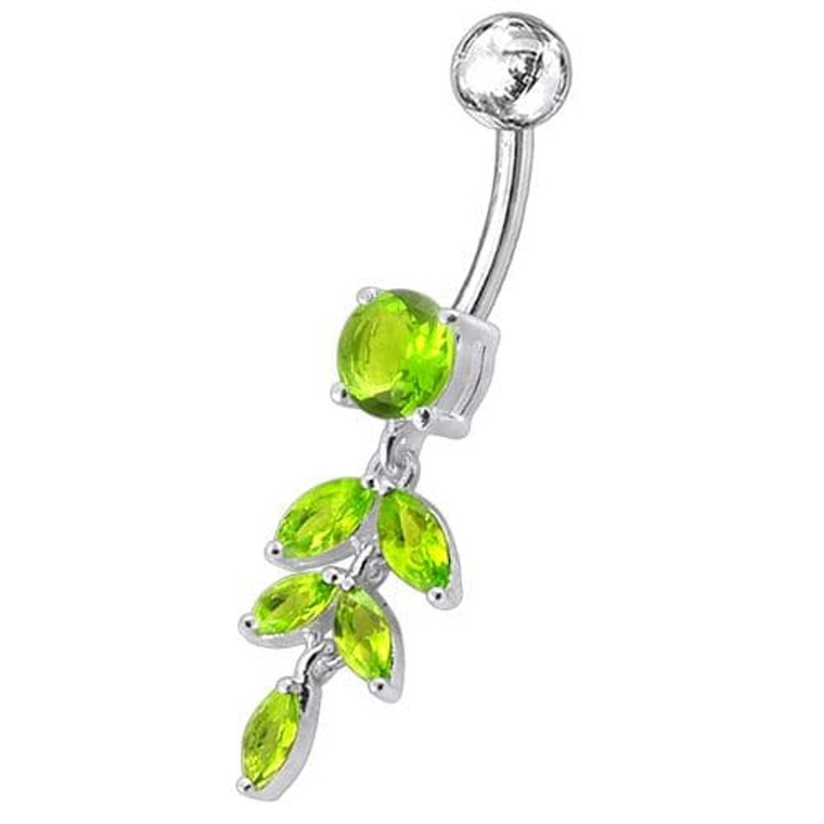 Silver Fancy White CZ Jeweled Dangling SS Banana Bar Navel Ring Body Jewelry - Peridot